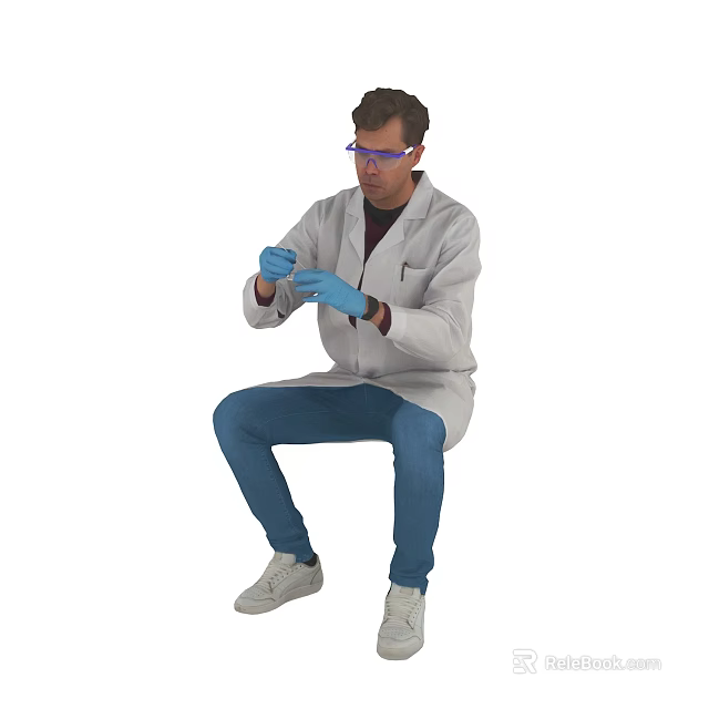 Man In Lab Coat With Blue Gloves And Jeans Sitting 3d model 