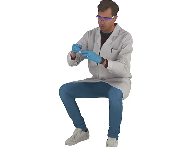 Man In Lab Coat With Blue Gloves And Jeans Sitting 3d model