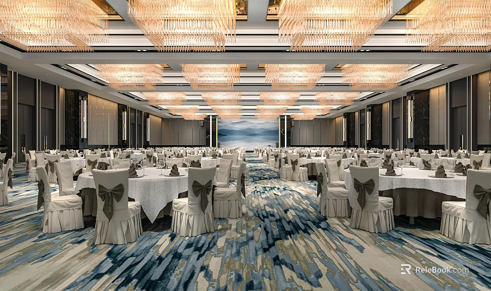 Luxurious Banquet Hall Interior With Crystal Chandeliers White Tablecloths And Bow Decorated Chairs 3d model 
