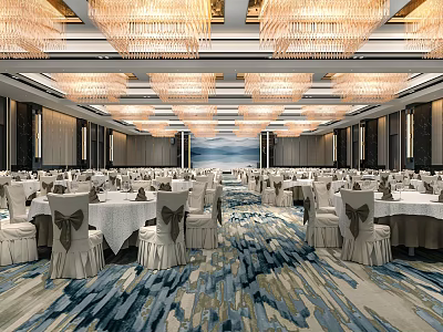 Luxurious Banquet Hall Interior With Crystal Chandeliers White Tablecloths And Bow Decorated Chairs 3d model
