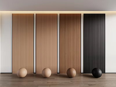 Modern Interior Design With Wooden Wall Paneling In Different Colors And Decorative Balls 3d model