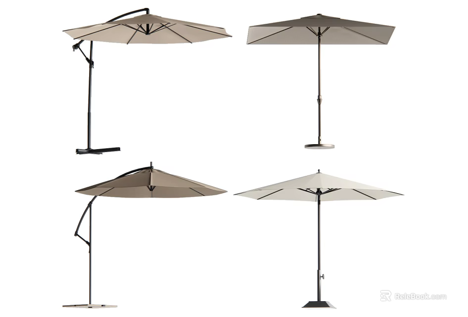 Outdoor Garden Umbrellas In Various Styles With Neutral Colors And Sturdy Poles 3d model 