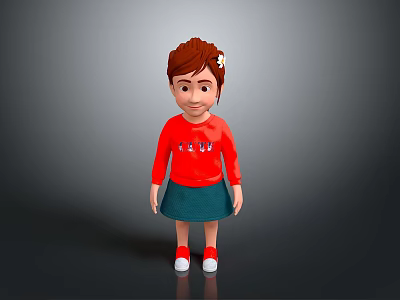 Cute Smiling Child With Brown Hair In Red Sweater Green Skirt And Red Shoes 3d model