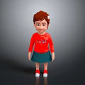 Cute Smiling Child With Brown Hair In Red Sweater Green Skirt And Red Shoes