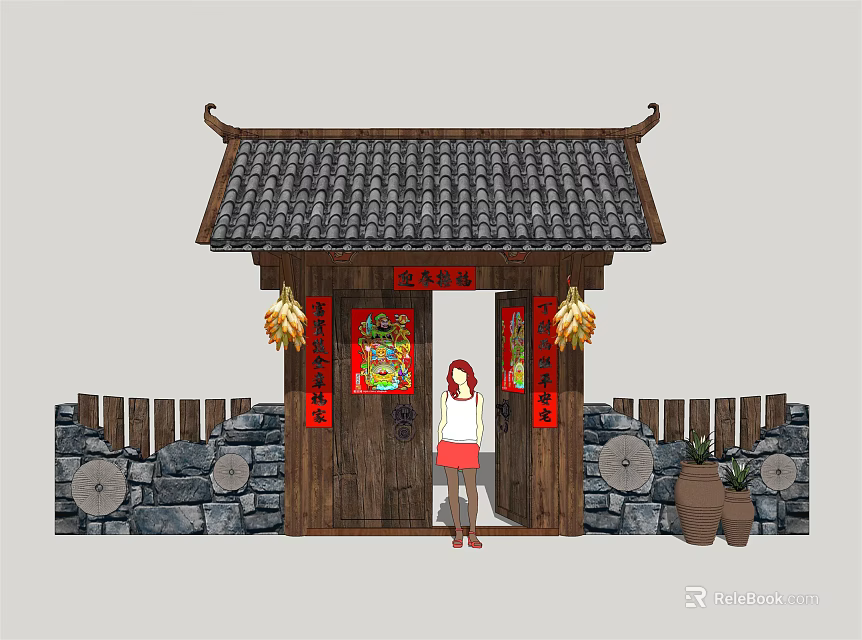 Chinese Style Entrance Gate With Tiled Roof Red Couplets Stone Walls And Lanterns 3d model 