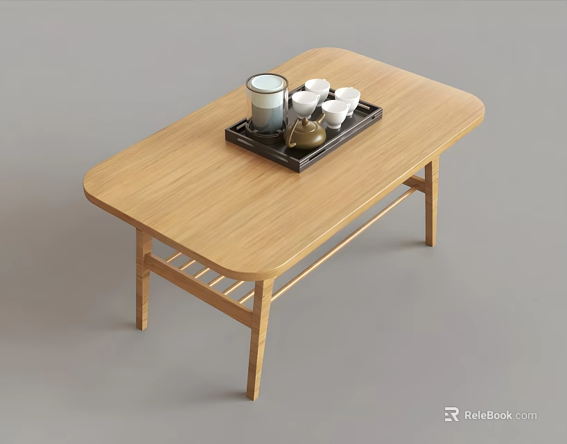 Wooden Dining Table With Tray Holding Teacups And Teapot Simple Design 3d model 