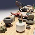 Wooden Coffee Table With Concrete Legs Adorned With Teacups Books And Decorative Ornaments