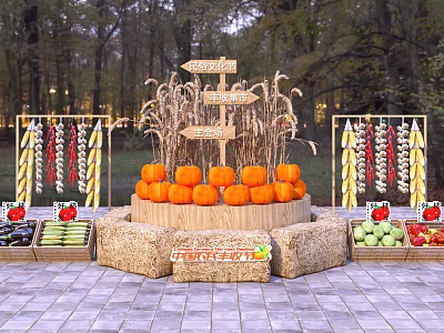 Autumn Themed Photo Check-in Spot With Pumpkin Pile Hay Bales Corn Decorations And Signposts 3d model