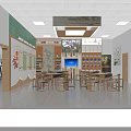 Traditional Cultural Activity Room Interior With Wooden Tables Bookshelves And Digital Screen