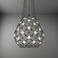 Modern Round Chandelier Featuring Black Metal Mesh Design and Small White Lights