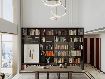 Spacious Study Room Interior With Built In Bookshelf Wooden Table And City View Artwork 3d model