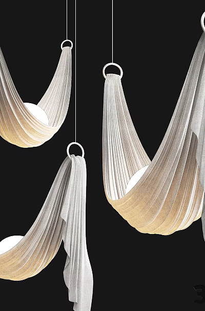 Elegant White Fabric Pendant Light With Soft Curved Shade And Hanging Ring Design 3d model