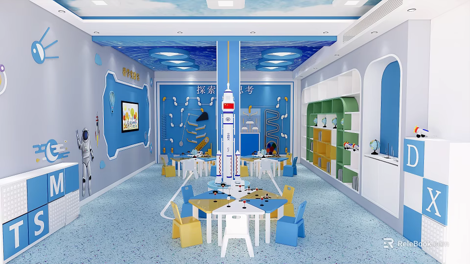 School Kids Learning Space Themed Classroom With Blue Walls Starry Ceiling And Colorful Furniture 3d model 