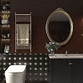 Elegant Bathroom Interior With White Toilet Bathtub And Dark Floral Tile Wall