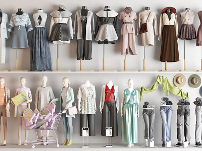 Fashion Mannequins Display Various Outfits In Different Styles And Accessories On Racks 3d model