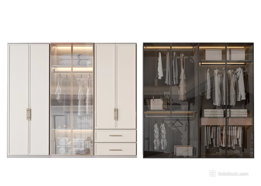 Modern Wardrobe Interior Design With Glass Doors Hanging Rods And Storage Drawers 3d model 