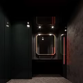 Modern Public Restroom Interior With Circular Mirror Dark Walls Sink Urinal And Lighting