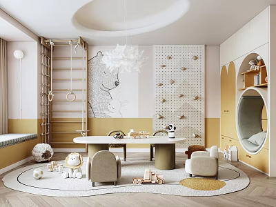 Kids Playroom Interior With Climbing Ladder Round Table And Bear Wall Decor 3d model