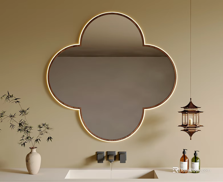 Clover Shaped Bathroom Mirror With Gold Frame Bamboo And Hanging Lantern Light On Beige Wall 3d model 