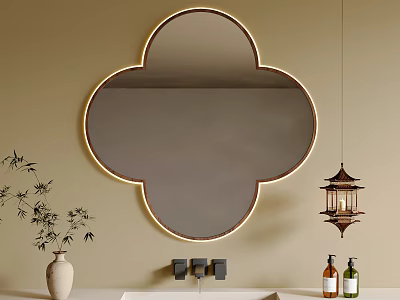 Clover Shaped Bathroom Mirror With Gold Frame Bamboo And Hanging Lantern Light On Beige Wall 3d model