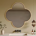 Clover Shaped Bathroom Mirror With Gold Frame Bamboo And Hanging Lantern Light On Beige Wall