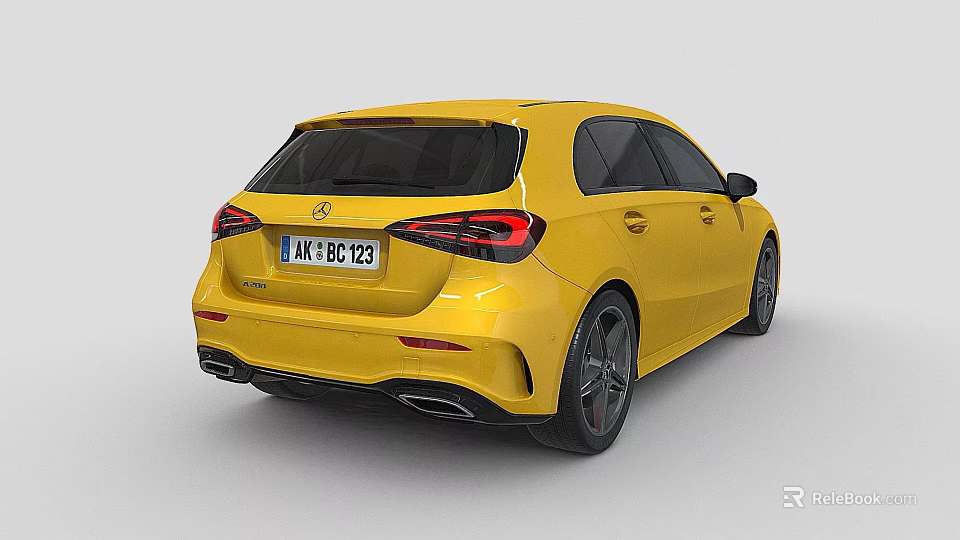 Yellow Mercedes-Benz A-Class Hatchback Rear View With Taillights And Exhaust Pipes 3d model 