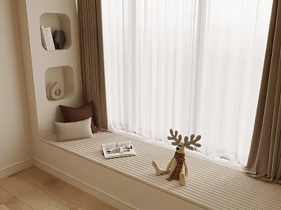 Cozy Tatami Bedroom Interior With Window Curtains Pillows And Deer Decoration 3d model