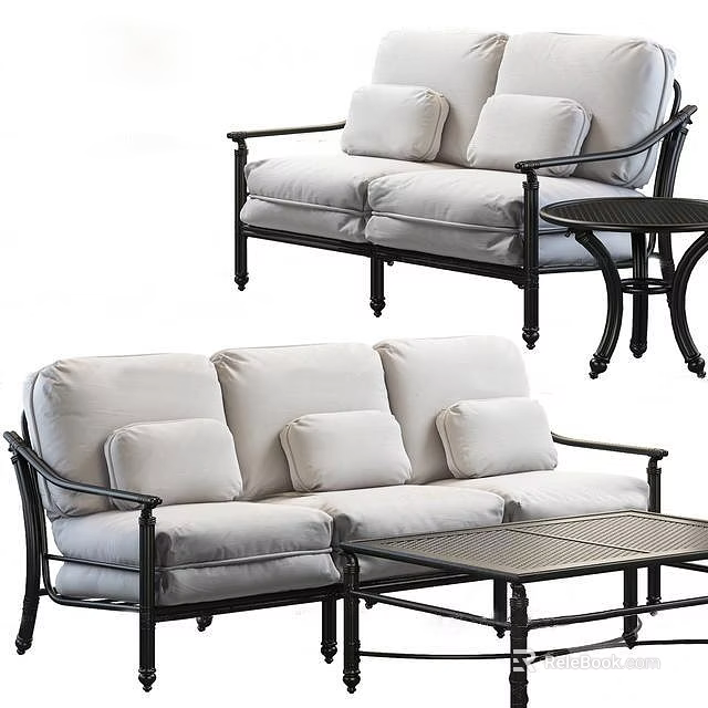 Stylish Three Seater Sofa With Metal Frame Soft Cushions And Matching Coffee Table 3d model 