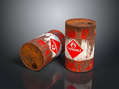 Old Rusty Barrels With Flammable Labels And Red Hazard Symbols On Dark Reflective Surface 3d model