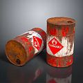 Old Rusty Barrels With Flammable Labels And Red Hazard Symbols On Dark Reflective Surface