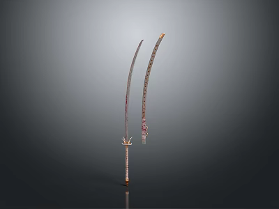 Traditional Weapon Two Long Blades With Decorative Patterns And Ornate Scabbard 3d model