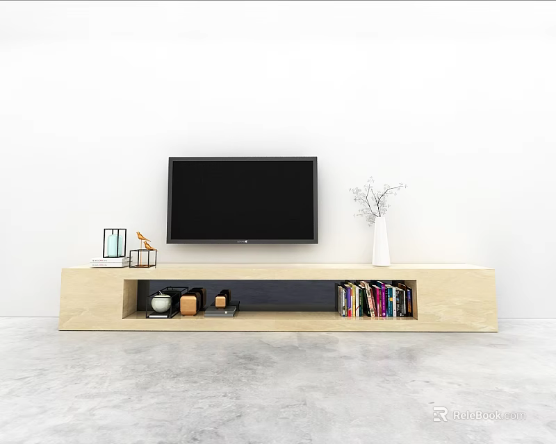 Modern Light Wood TV Stand With TV Books And Decorative Vase 3d model 