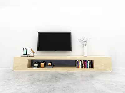 Modern Light Wood TV Stand With TV Books And Decorative Vase 3d model