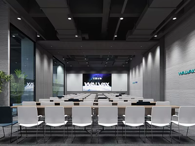 Modern Conference Room With White Chairs Large Screen VALAX Logo And Gray Walls 3d model