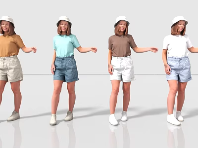 Women Wearing White Hats With Various Colored Tops And Casual Shorts Outfit Styles 3d model