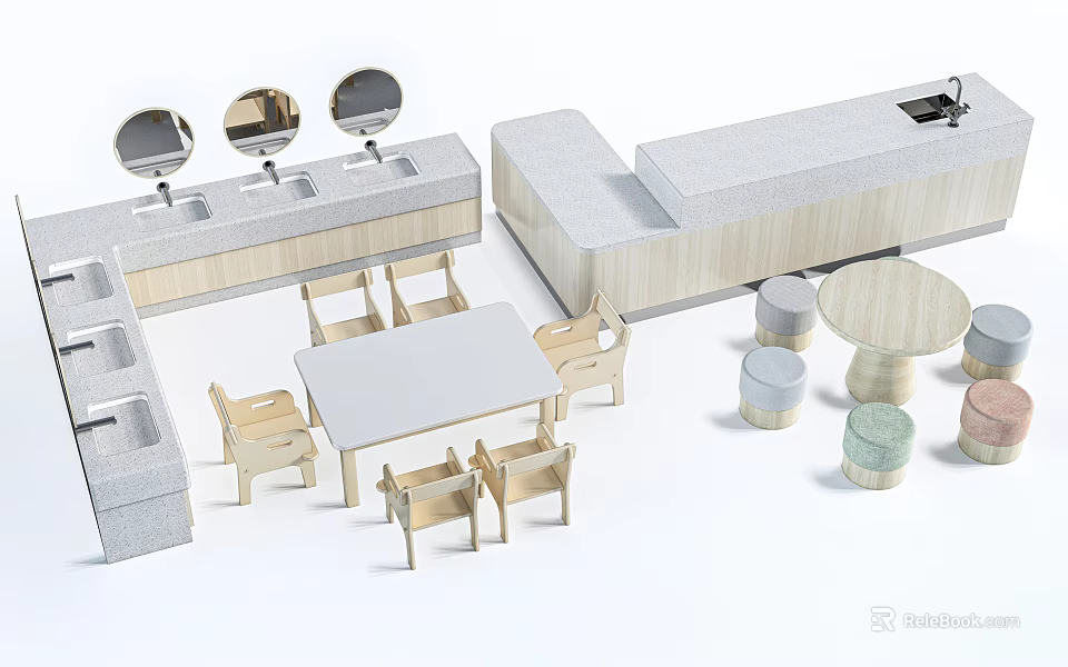 Wooden Kids Table With Matching Chairs And Stools For Playroom Activities 3d model 