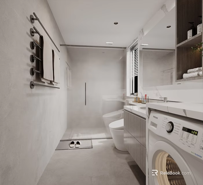Modern Bathroom Interior With White Toilet Vanity Counter Mirror Washing Machine Gray Walls And Floor 3d model 