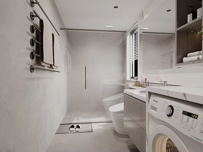 Modern Bathroom Interior With White Toilet Vanity Counter Mirror Washing Machine Gray Walls And Floor 3d model