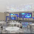 Modern Event Stage With Purple Blue Lighting Large Screen 20 Logo Round Tables And Chairs