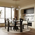 Elegant Dining Room Interior With Round Table Upholstered Chairs Glass Ball Chandelier And Marble Backsplash