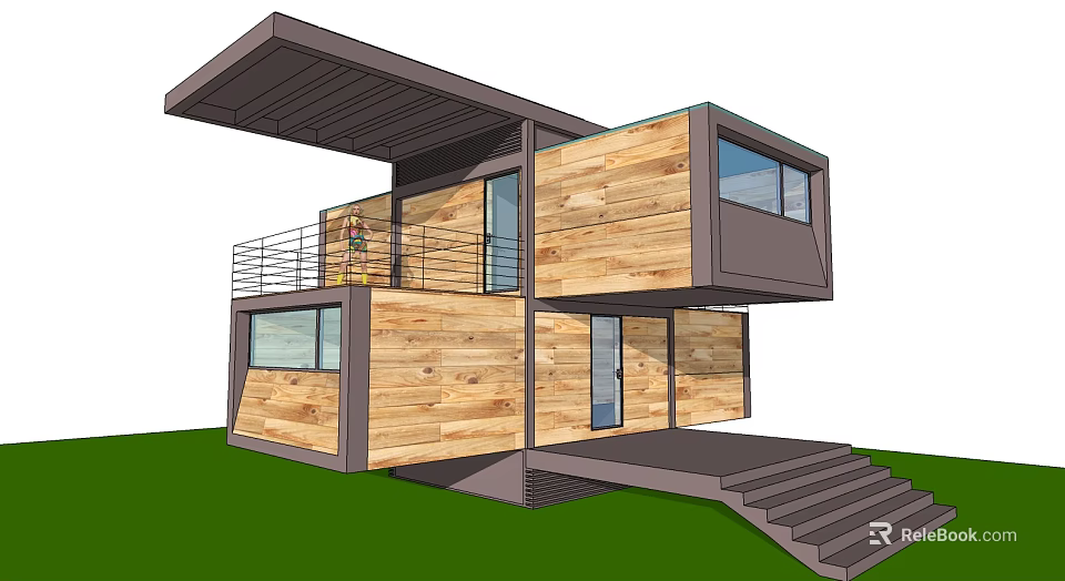 Modern Detached Villa With Wooden Exterior Two Story Balcony And Stairs 3d model 