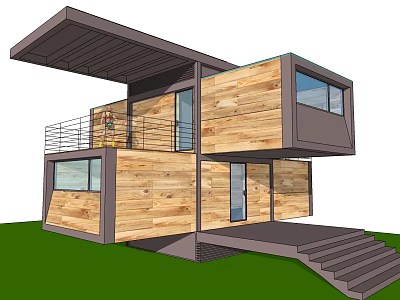 Modern Detached Villa With Wooden Exterior Two Story Balcony And Stairs 3d model