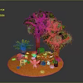 Lush Green Leafy Trees With Brown Trunks Potted Plant And Small Decorations On Orange Ground