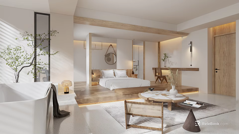 Modern Hotel Room Interior With Wooden Floor King Bed Bathtub And Sitting Area 3d model 