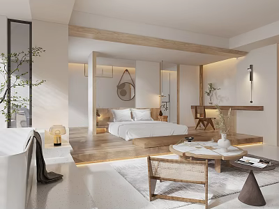 Modern Hotel Room Interior With Wooden Floor King Bed Bathtub And Sitting Area 3d model