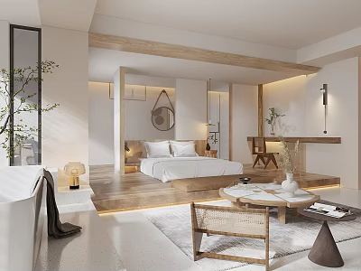 Modern Hotel Room Interior With Wooden Floor King Bed Bathtub And Sitting Area 3d model