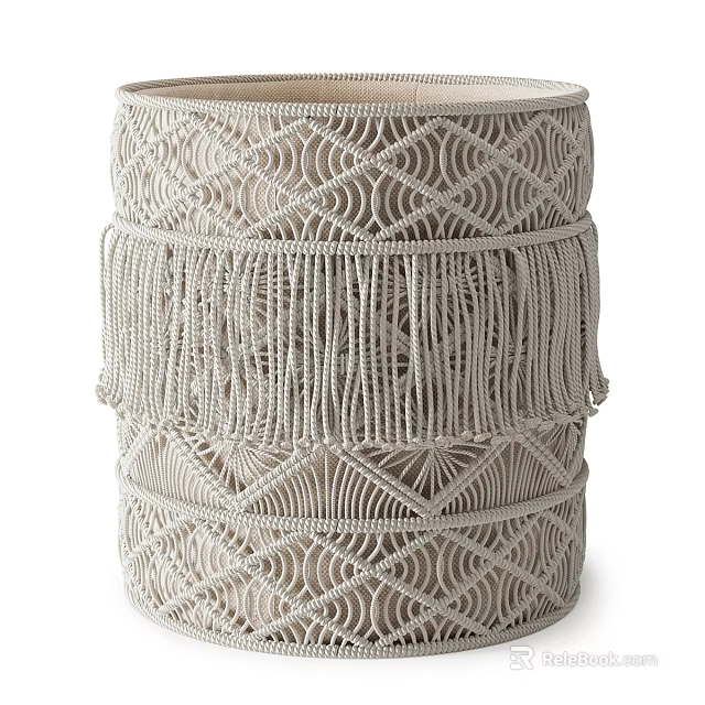 Neutral Woven Macramé Storage Basket With Geometric Pattern And Fringe Trim 3d model 