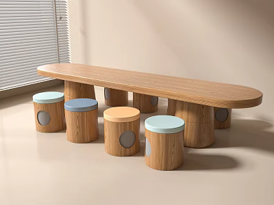 Kids Wooden Long Shaped Table With Colorful Round Stools For Children 3d model