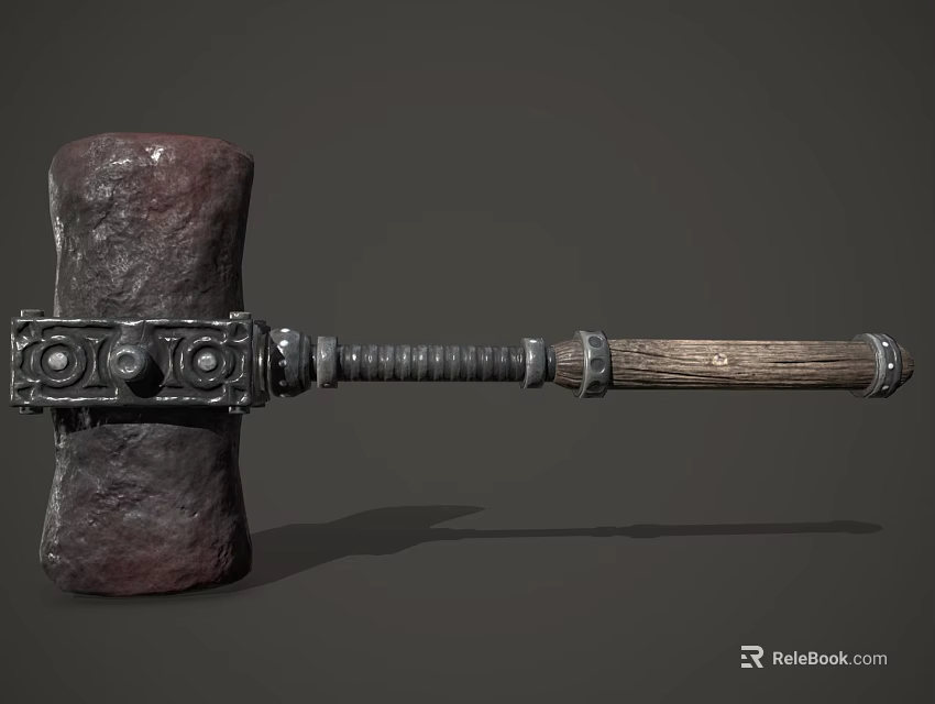 Vintage Decorative Hammer With Stone Head And Wooden Handle Featuring Metal Accents 3d model 