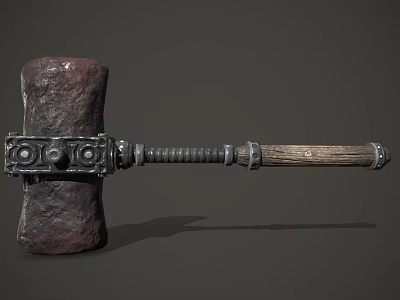 Vintage Decorative Hammer With Stone Head And Wooden Handle Featuring Metal Accents 3d model